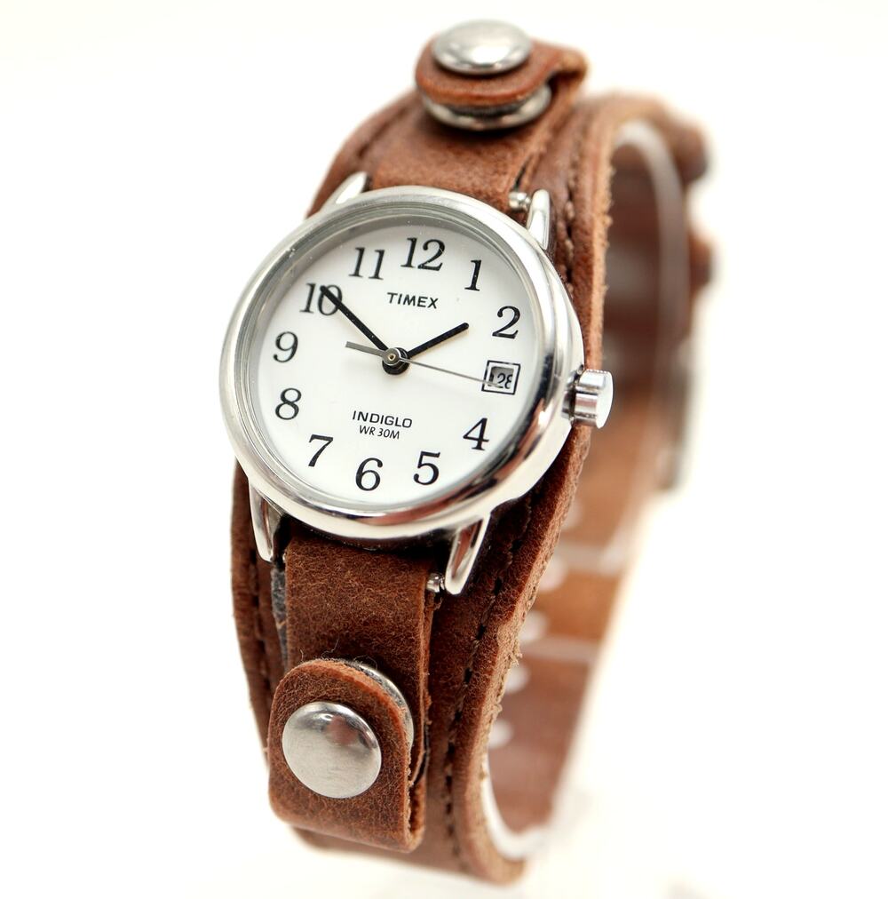Timex Indiglo Easy Read Silver Tone 25mm Date Watch Fossil Leather w New Battery